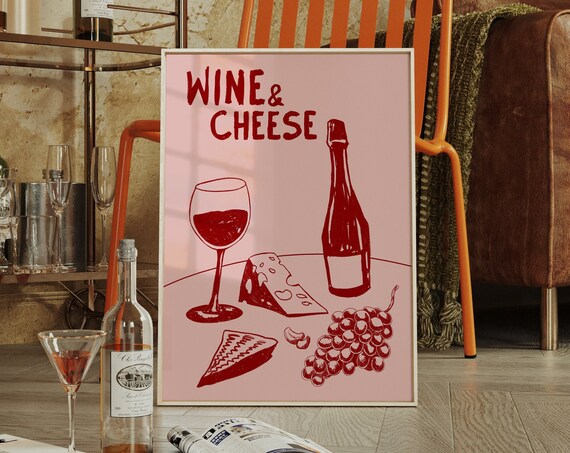 Wine And Cheese Mid Century Modern Pink Kitchen Bar Art Poster