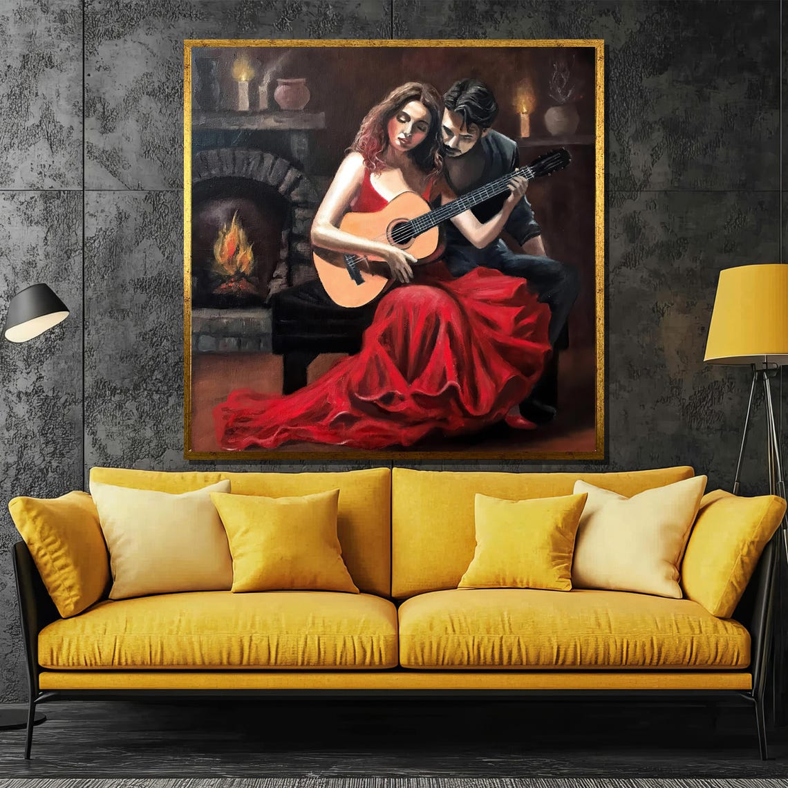 Romantic Guitar Serenade Couple By Fireplace Red Dress Poster
