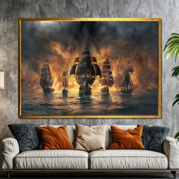 Epic Naval Battle Painting Dramatic Fiery Ship Scene Art Gift For Historical War Enthusiasts And Bold Wall Decor