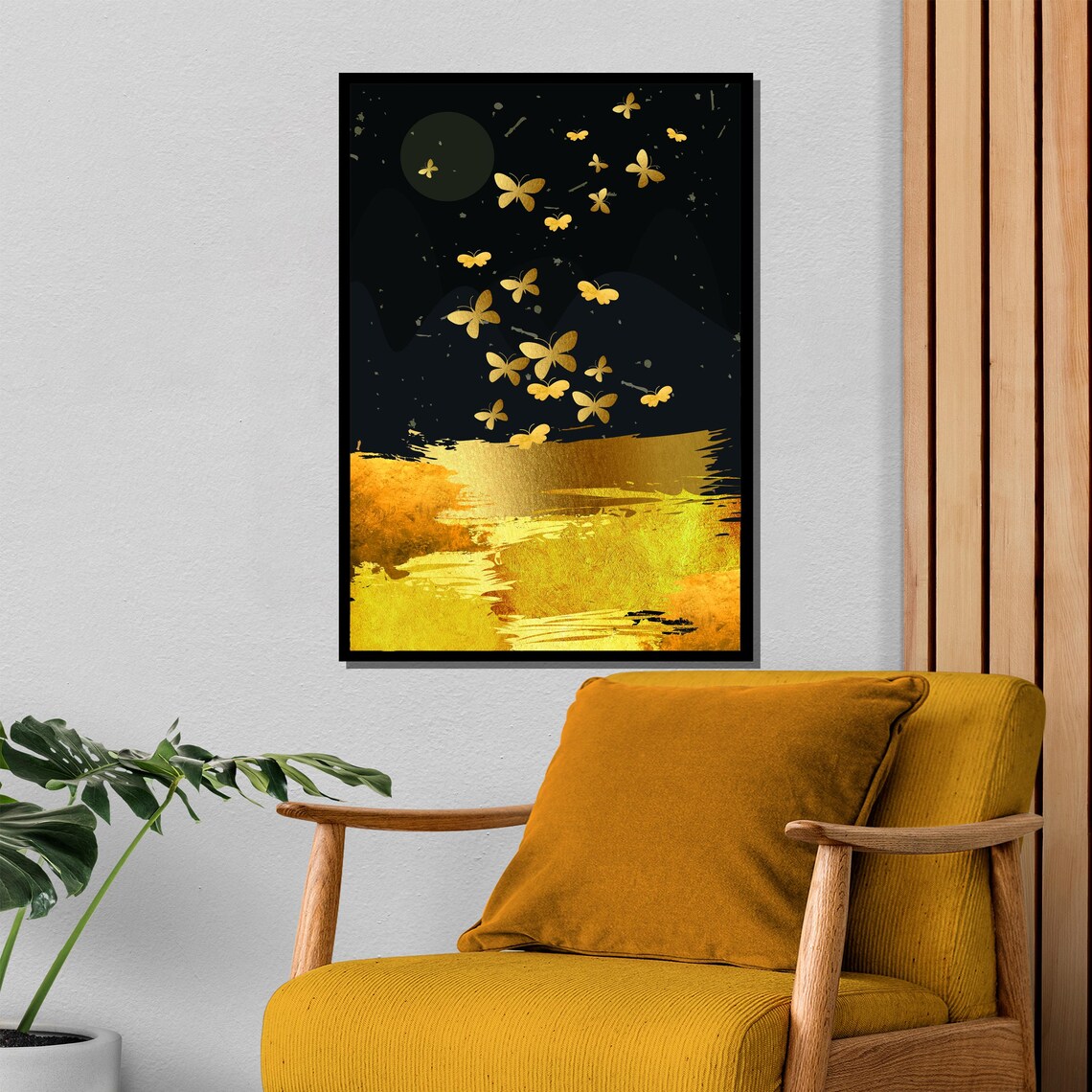 Golden Butterfly Flight Over Midnight Black and Gold Abstract Poster - Image 4