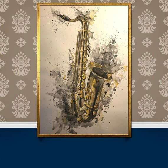Watercolor Saxophone With Grey Ink Splash Jazz Music Art Poster