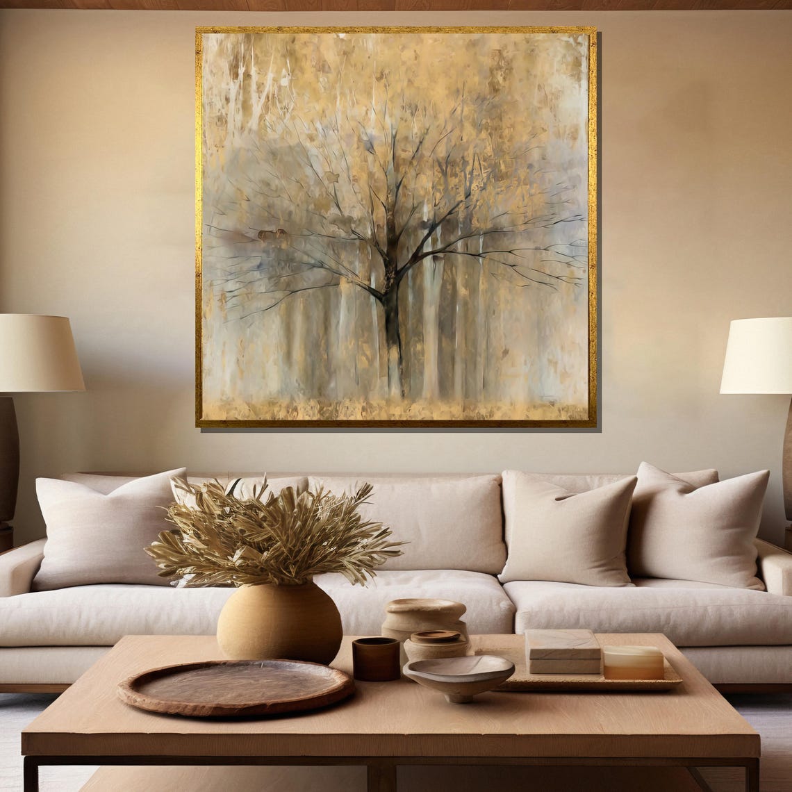 Golden Serenity Painting Tranquil Tree Wall Art Rustic Forest Scene Nature Inspired Gift Elegant Home Decor For Relaxing Spaces - Image 5