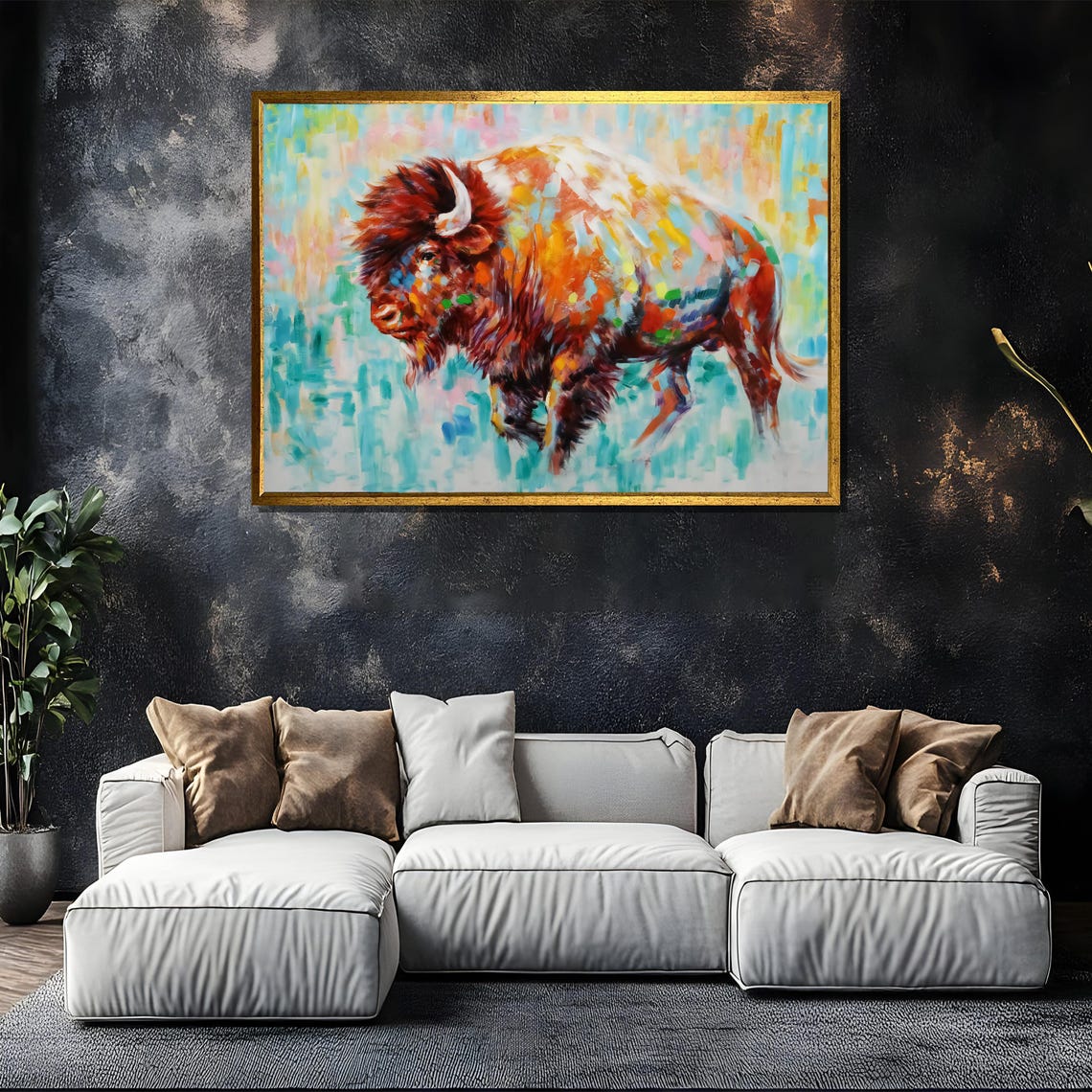 Colorful Impressionist Bison Painting on Turquoise Art Poster - Image 5