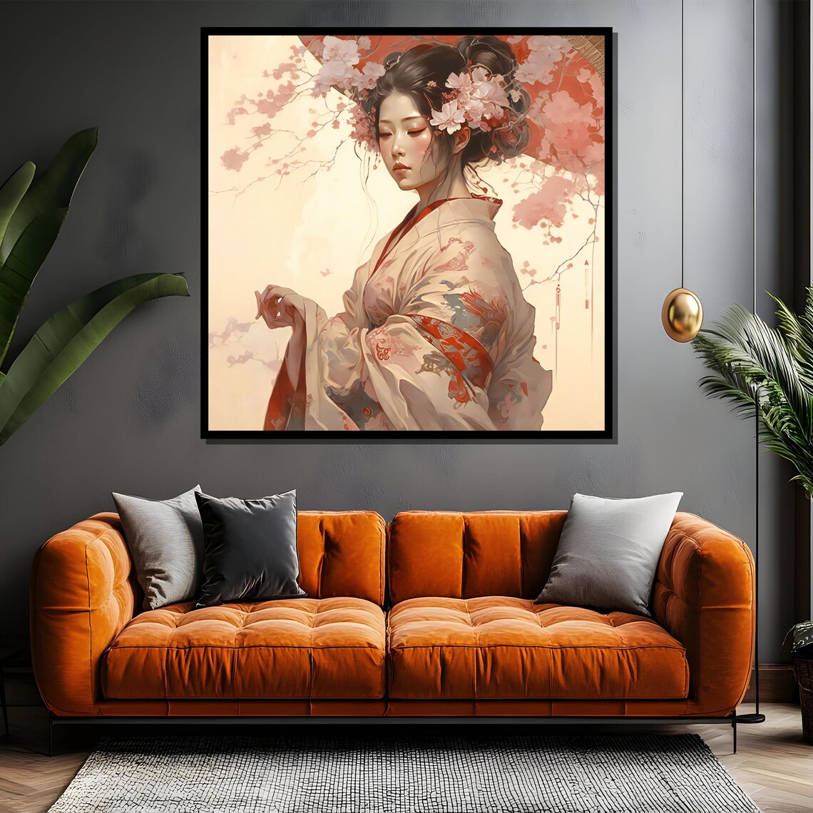 Elegant Geisha In Cherry Blossom Floral Kimono Japanese Art Poster - Image 4