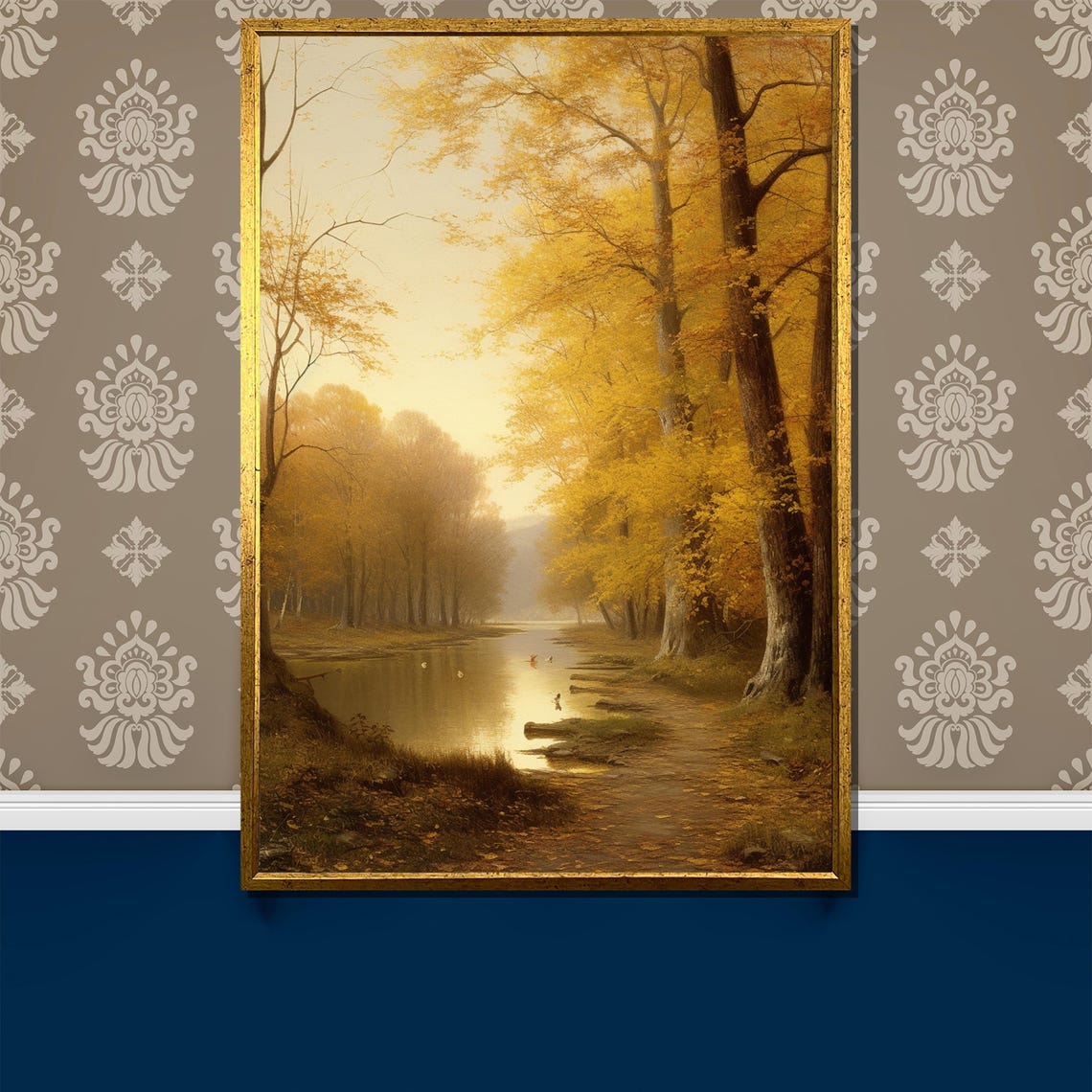 Golden Autumn Riverbank With Sunlit Trees And Peaceful Waters Poster