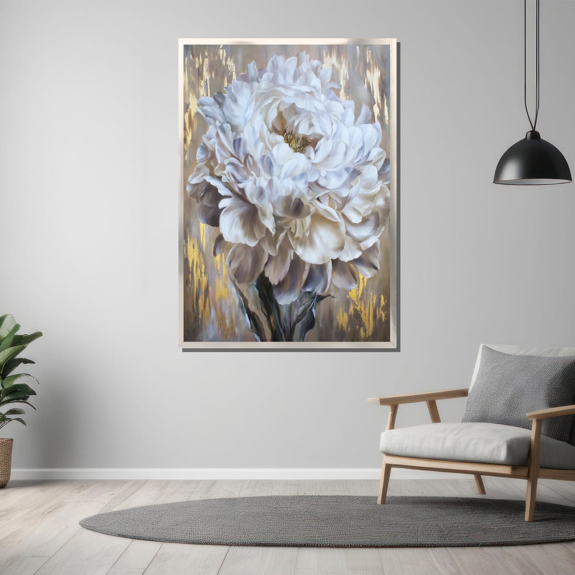 White Peony Bloom with a Gold Accent Background Floral Poster - Image 3