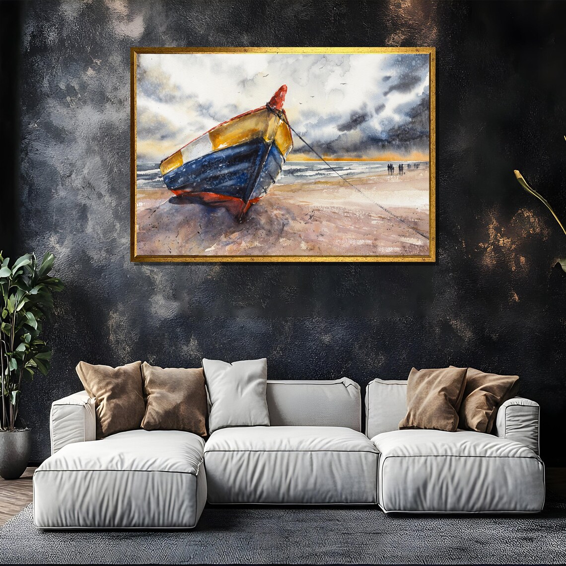 Weathered Fishing Boat Beached at Low Tide Coastal Watercolor Poster - Image 5