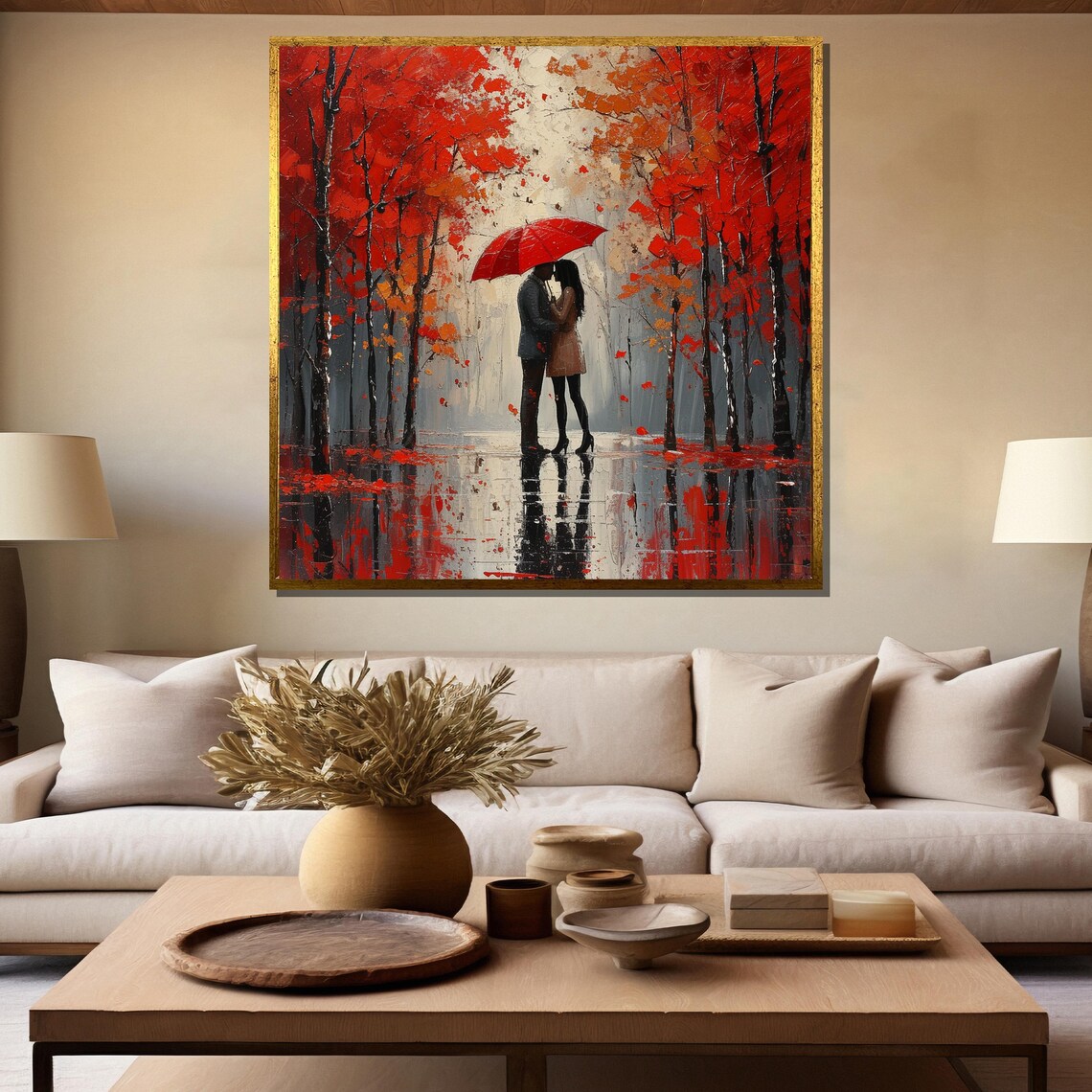 Couple Kissing Under Red Umbrella In Red Autumn Forest Poster - Image 5