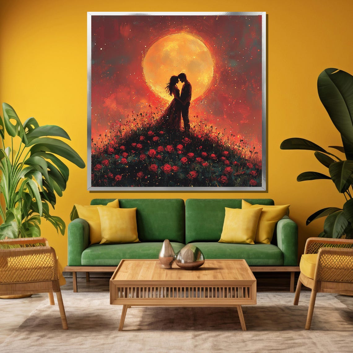 Embrace Under the Moon Silhouetted Couple in a Rose Field Poster - Image 3