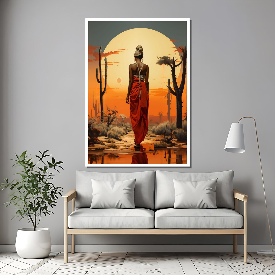 Desert Sunset Woman Walking Toward Giant Golden Sun Art Poster - Image 2