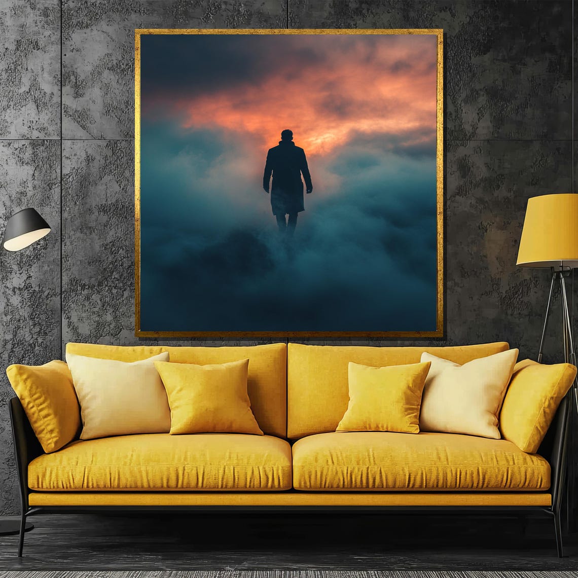 Into the Unknown Lone Man Walking Into Misty Sunset Fog Poster