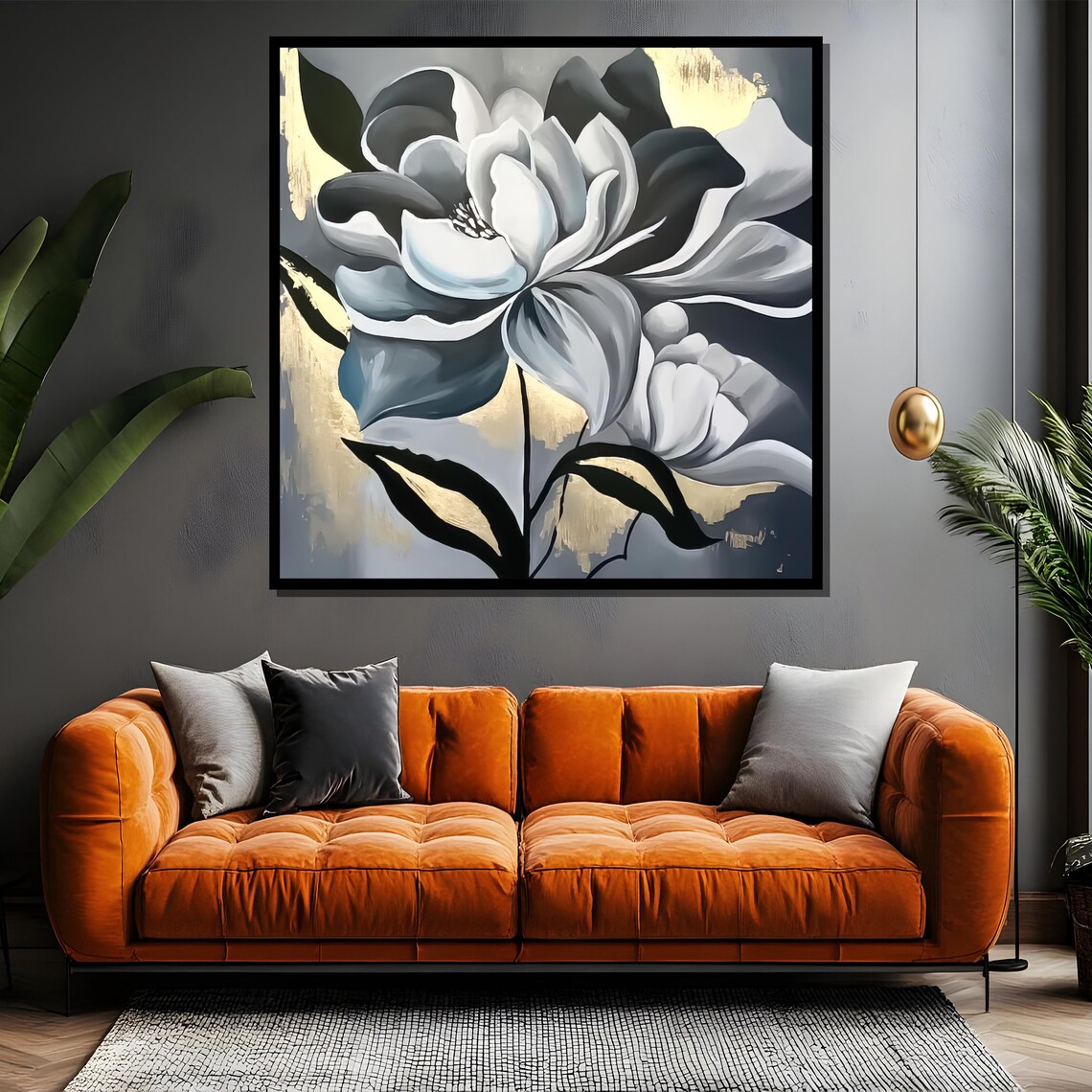 Monochrome Floral Bloom with Striking Gold Accents Art Poster - Image 4