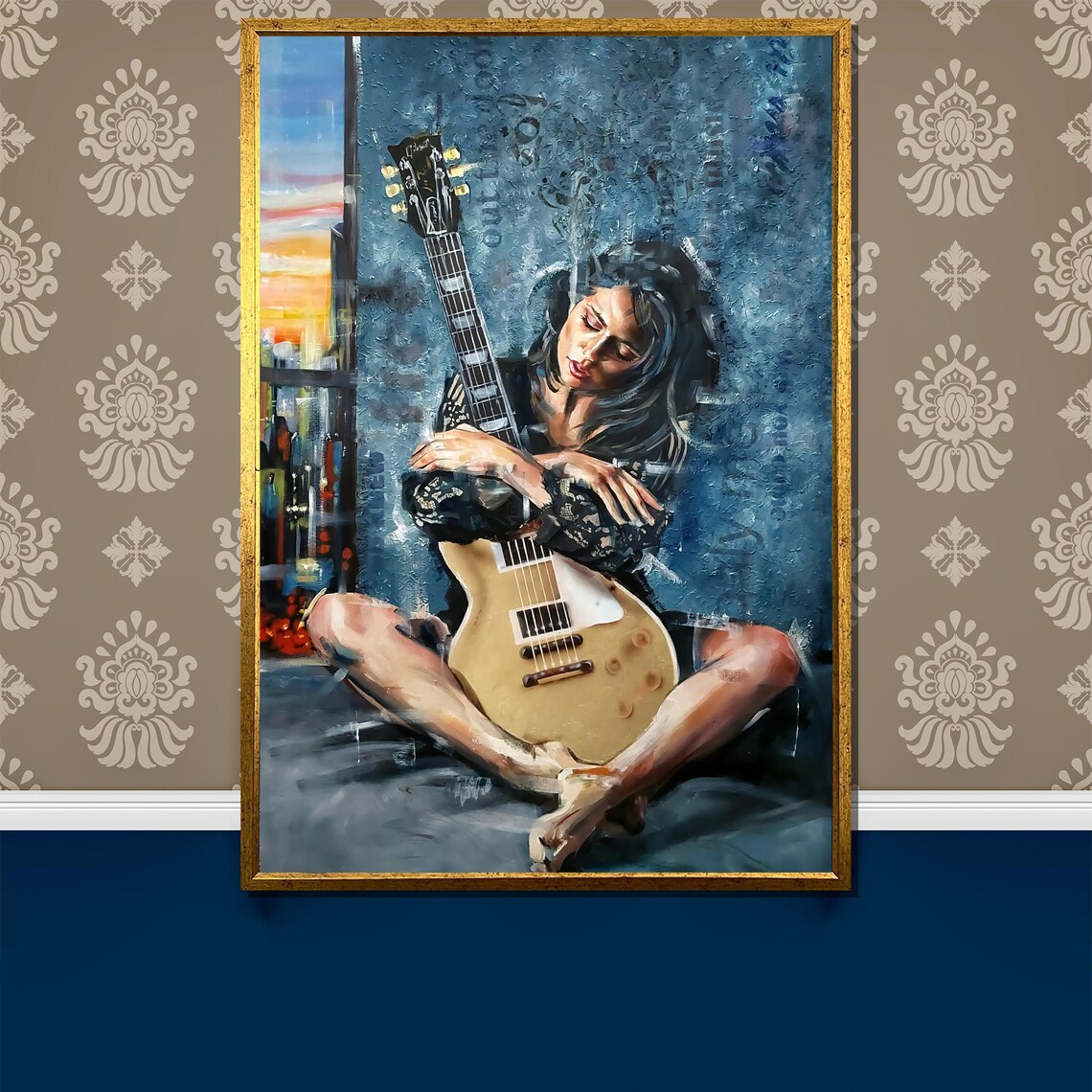 Melancholic Woman Embracing Electric Guitar Blue Painting Poster
