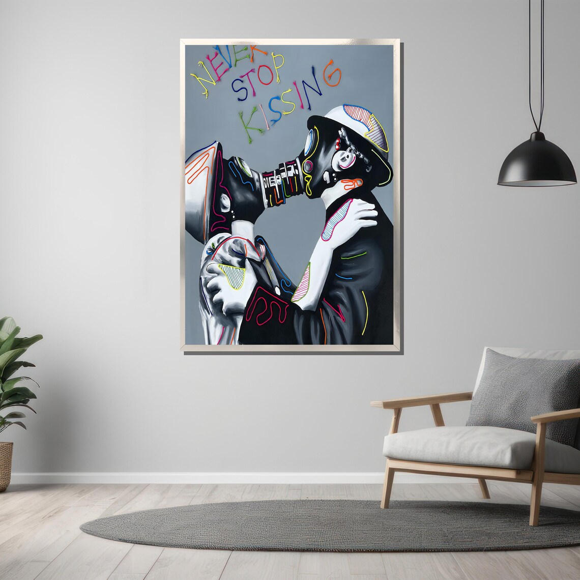 Never Stop Kissing Gas Mask Lovers Bold Neon Line Art Poster - Image 3