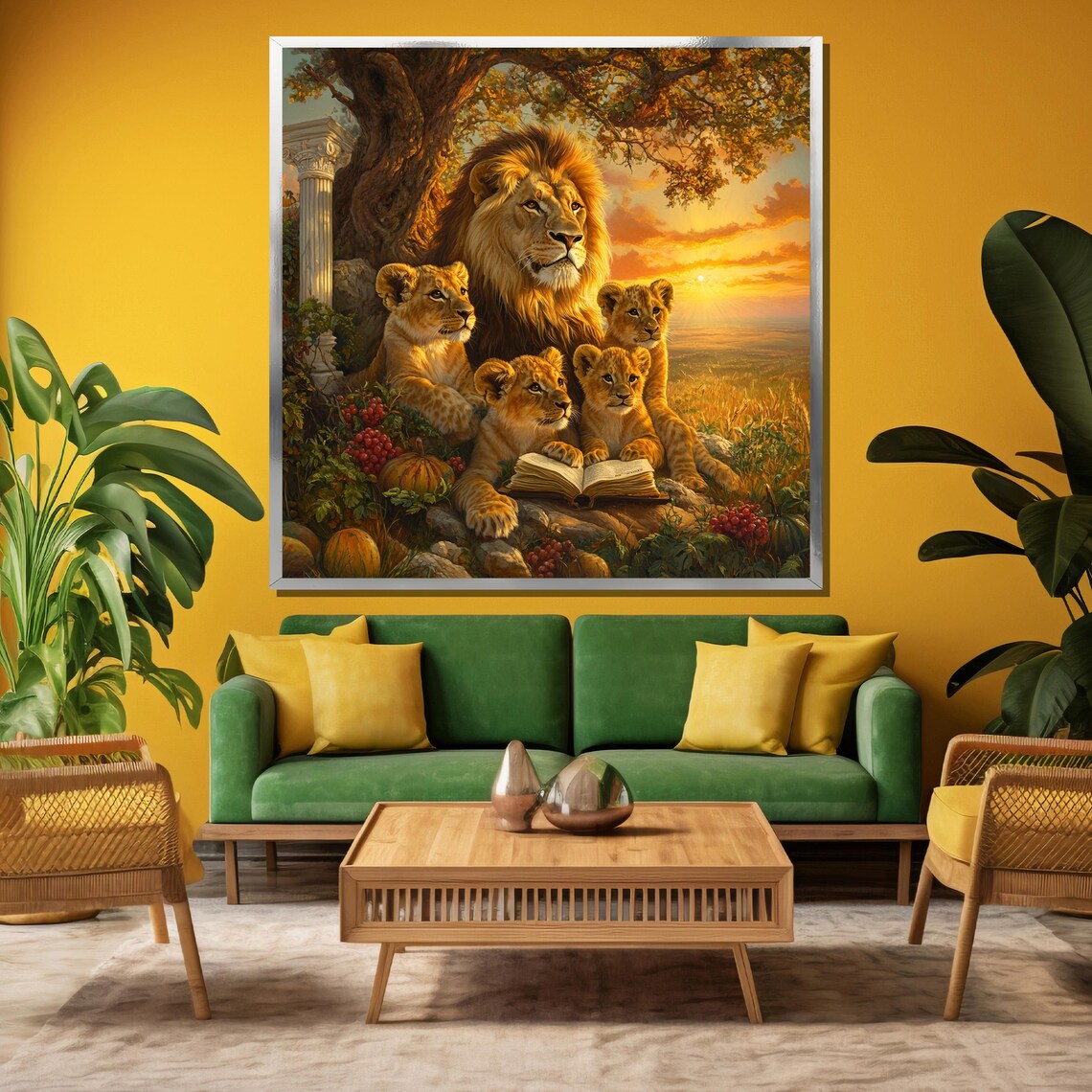 Lion Father Reading Bedtime Stories To His Cubs At Sunset Poster - Image 3