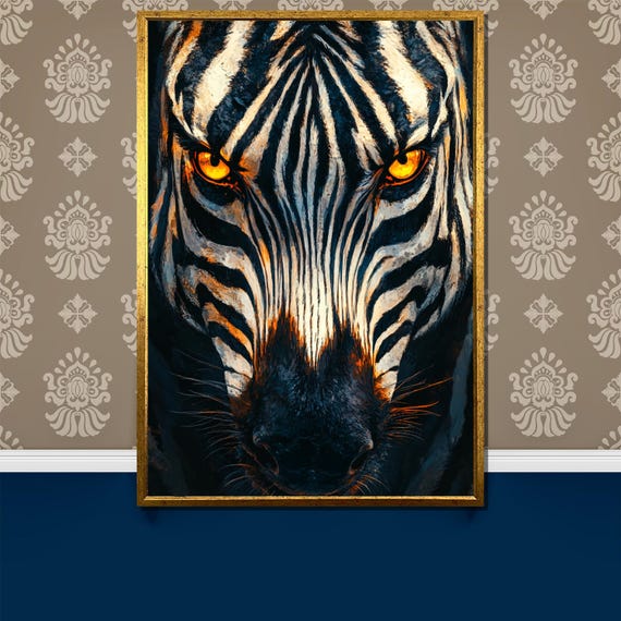 Zebra Painting Bold Animal Portrait Wall Art Wildlife Decor With Striking Yellow Eyes Modern Home Or Office Gift