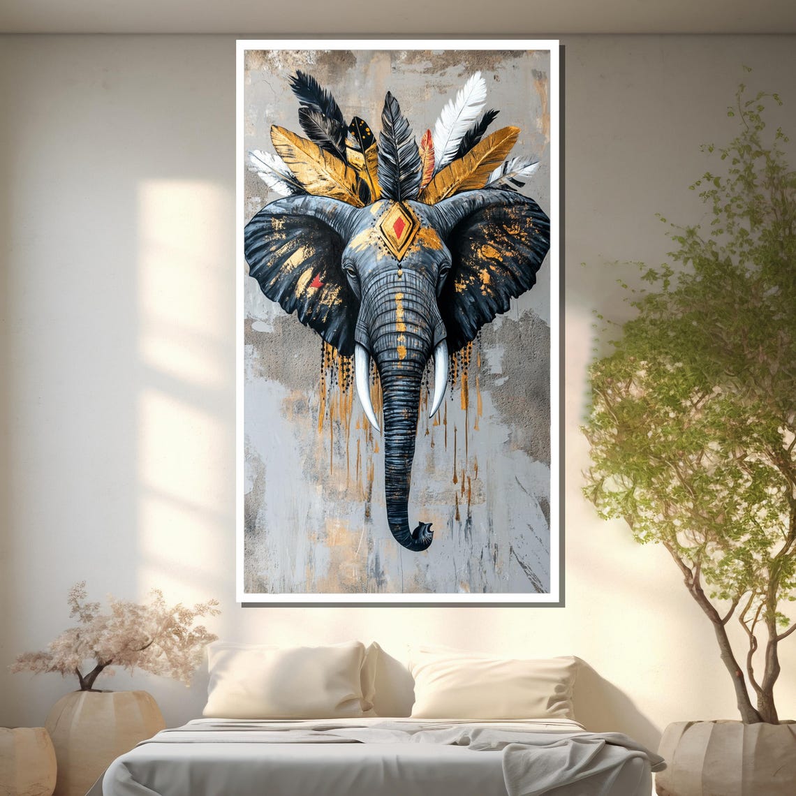 Tribal Crown Boho Elephant With Feather Headdress Ethnic Art Poster - Image 2