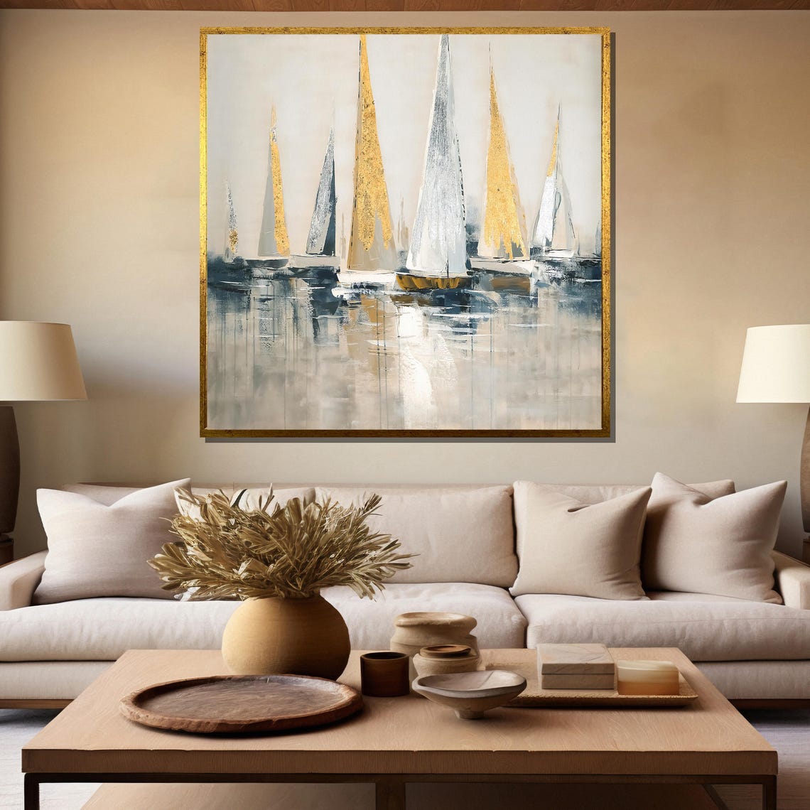 Abstract Golden Sailboats Grey Textured Nautical Modern Poster - Image 5