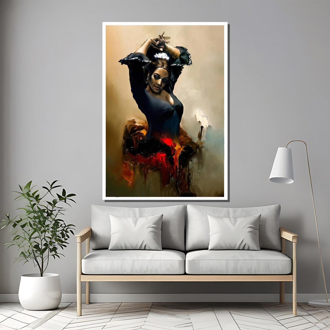 Flamenco Dancer with Raised Arms Dark Ruffled Dress Painting Poster - Image 2