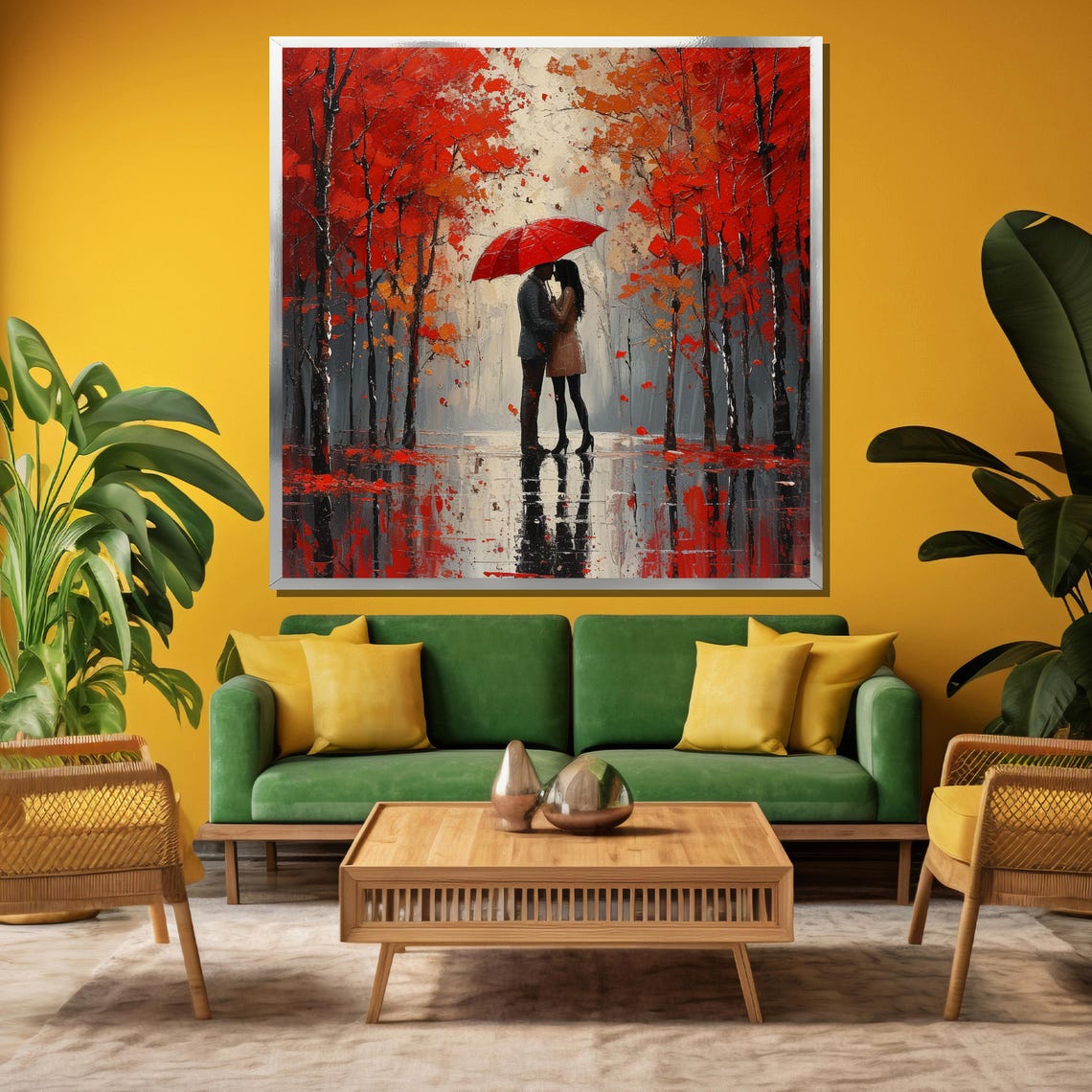 Couple Kissing Under Red Umbrella In Red Autumn Forest Poster - Image 3