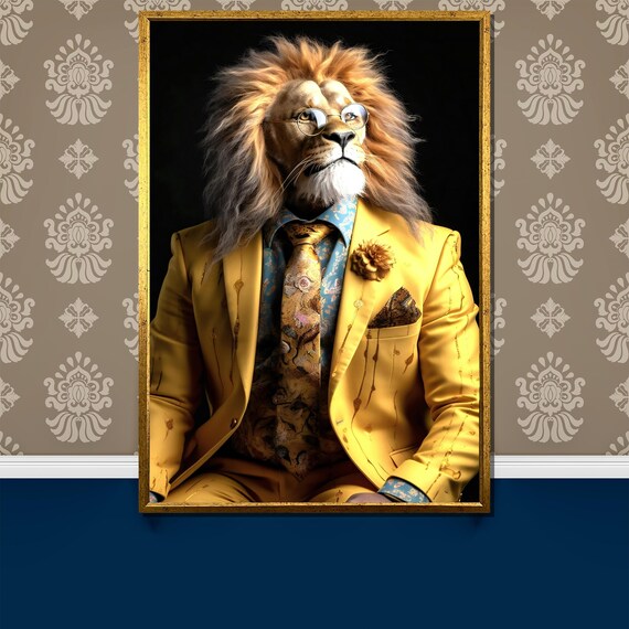 Dapper Lion In Stylish Suit Painting Bold Animal Portrait Wall Art Gift Sophisticated Decor For Luxury Living Spaces