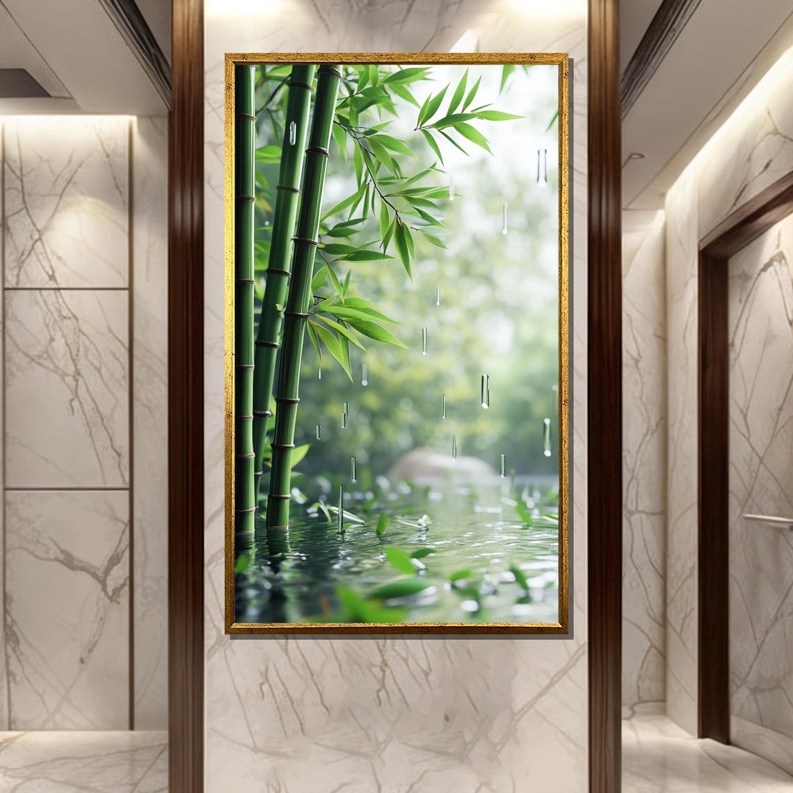 Green Bamboo Stalks Rising from Still Morning Pond Water Poster