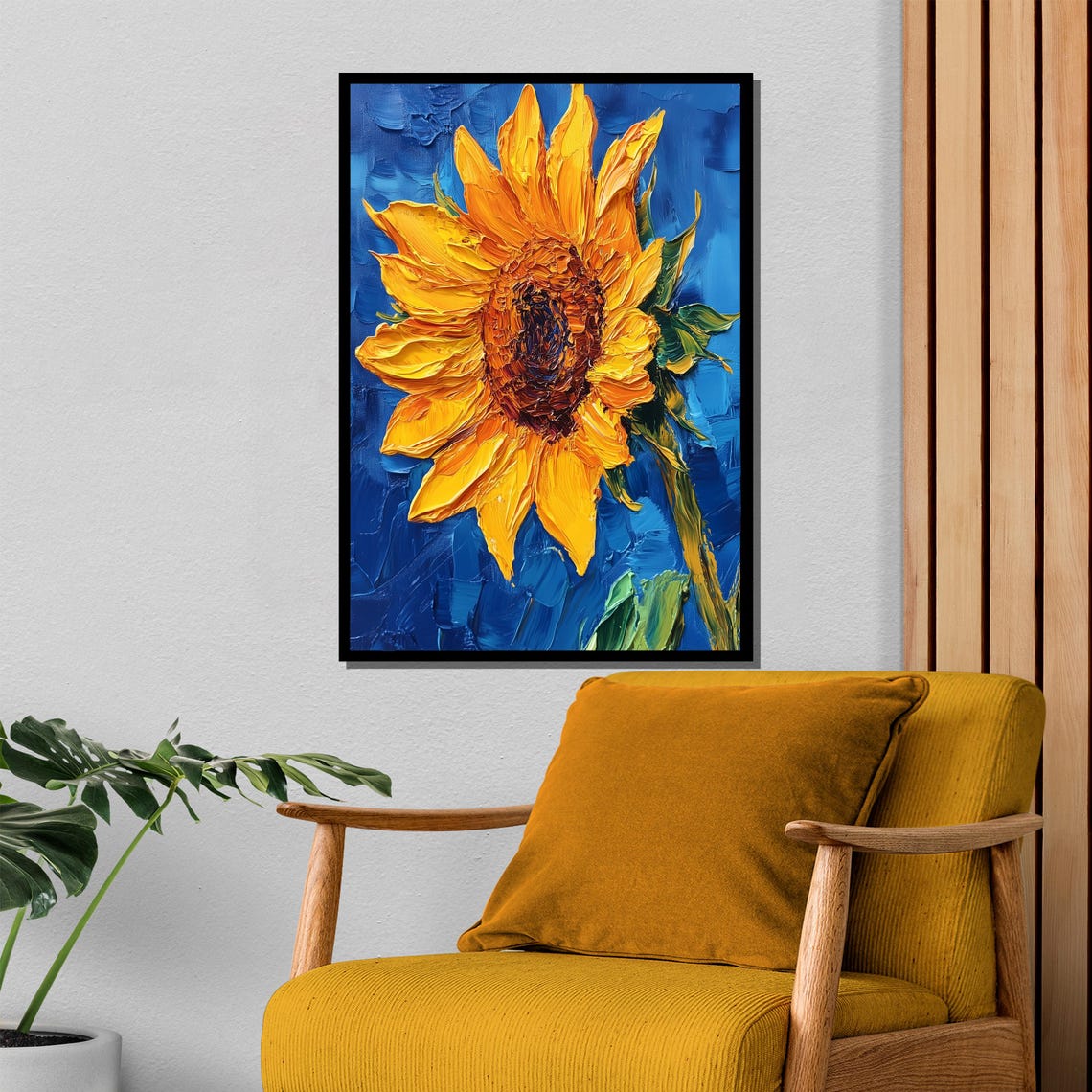 Bold Yellow Sunflower Impasto Thick Paint Blue Background Poster - Image 4