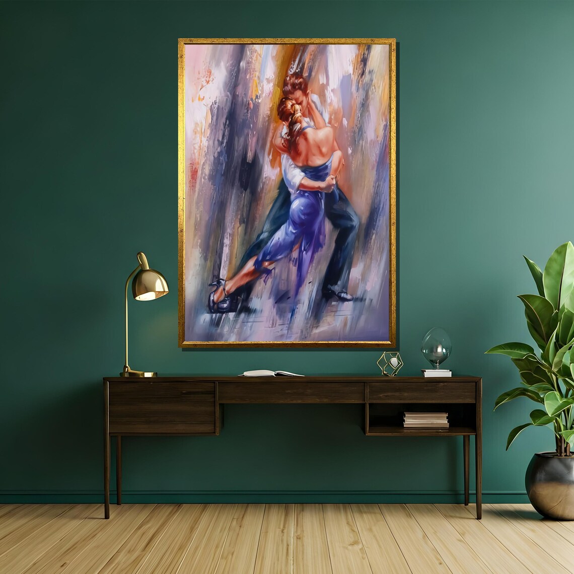 Tango Couple in Flowing Blue Dress Close Embrace Oil Art Poster - Image 5