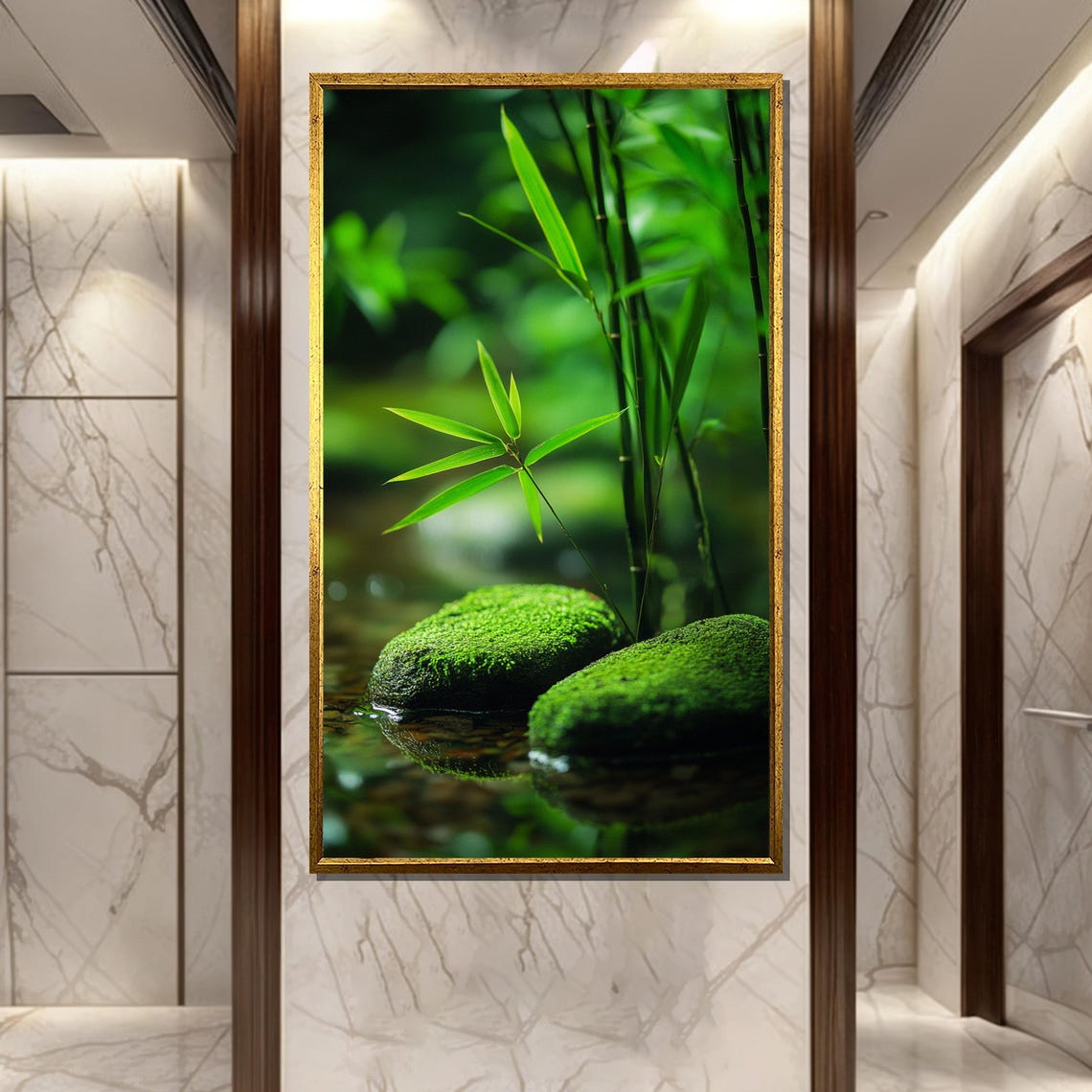 Moss-Covered River Stones Beneath Fresh Bamboo Shoots Poster