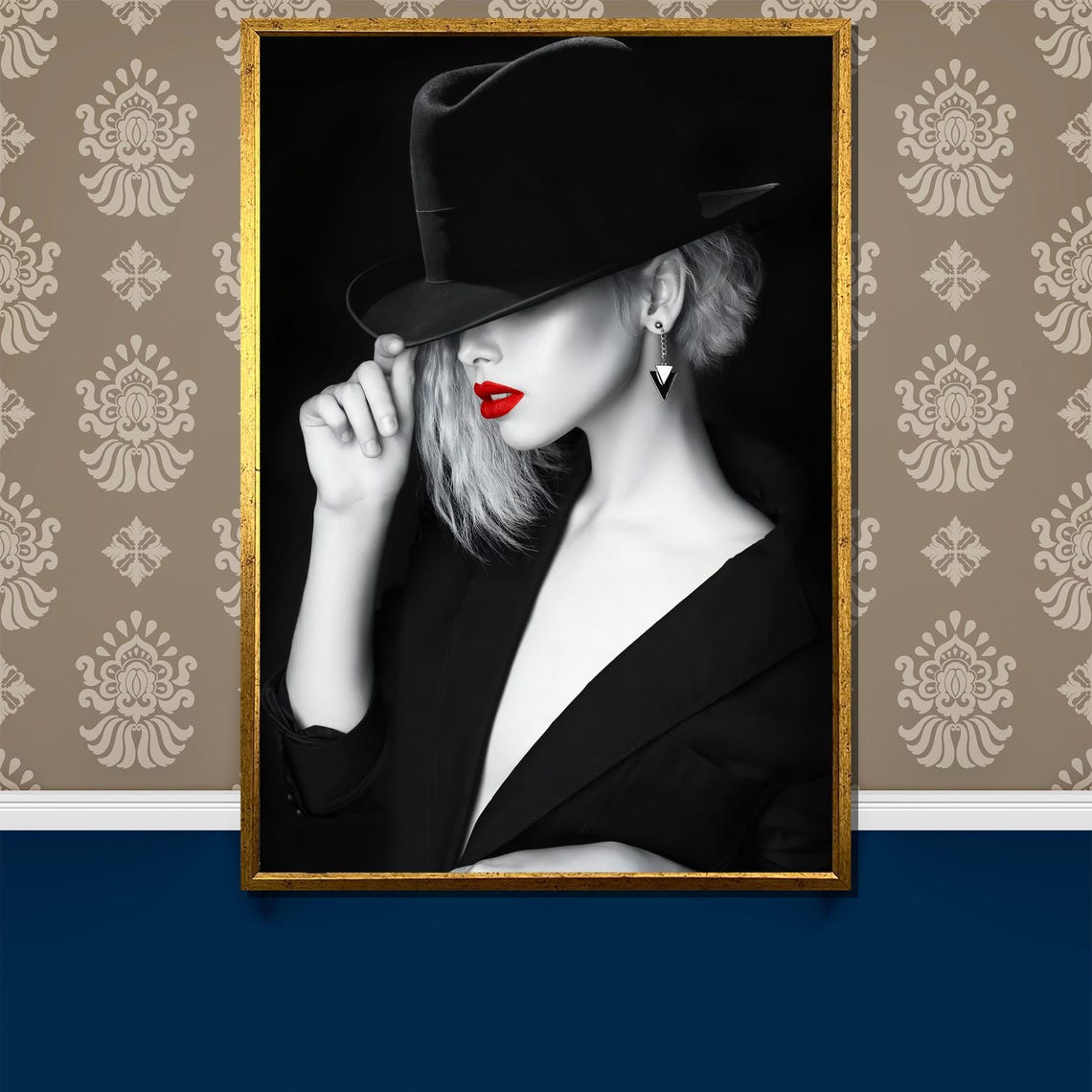 Femme Fatale In Black Hat With Red Lips Noir Style Art Poster