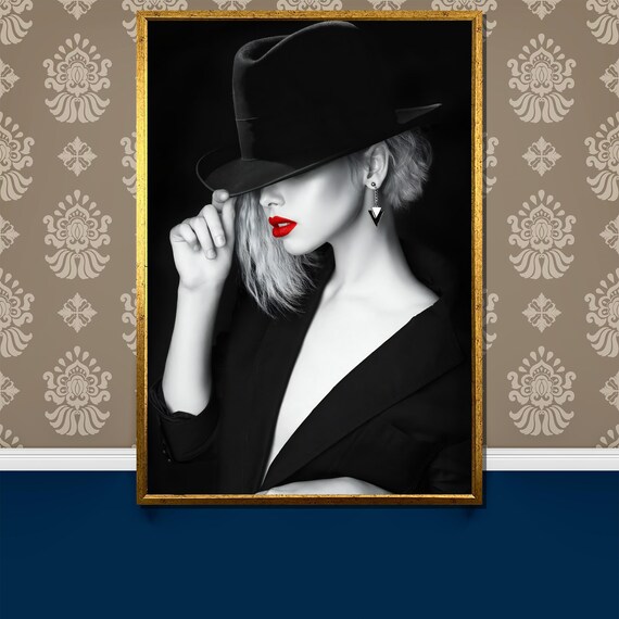 Femme Fatale In Black Hat With Red Lips Noir Style Art Poster