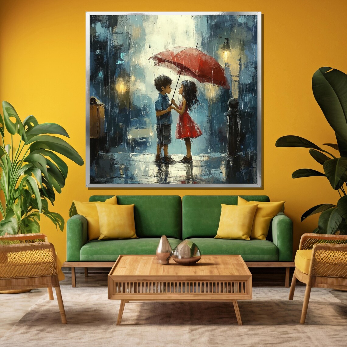 Children With Red Umbrella In Rain City Street Sweet Art Poster - Image 3