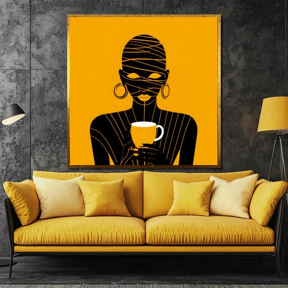 Minimalist African Woman With Coffee Painting Bold Contrast Art Gift For Modern Home And Stylish Wall Decor