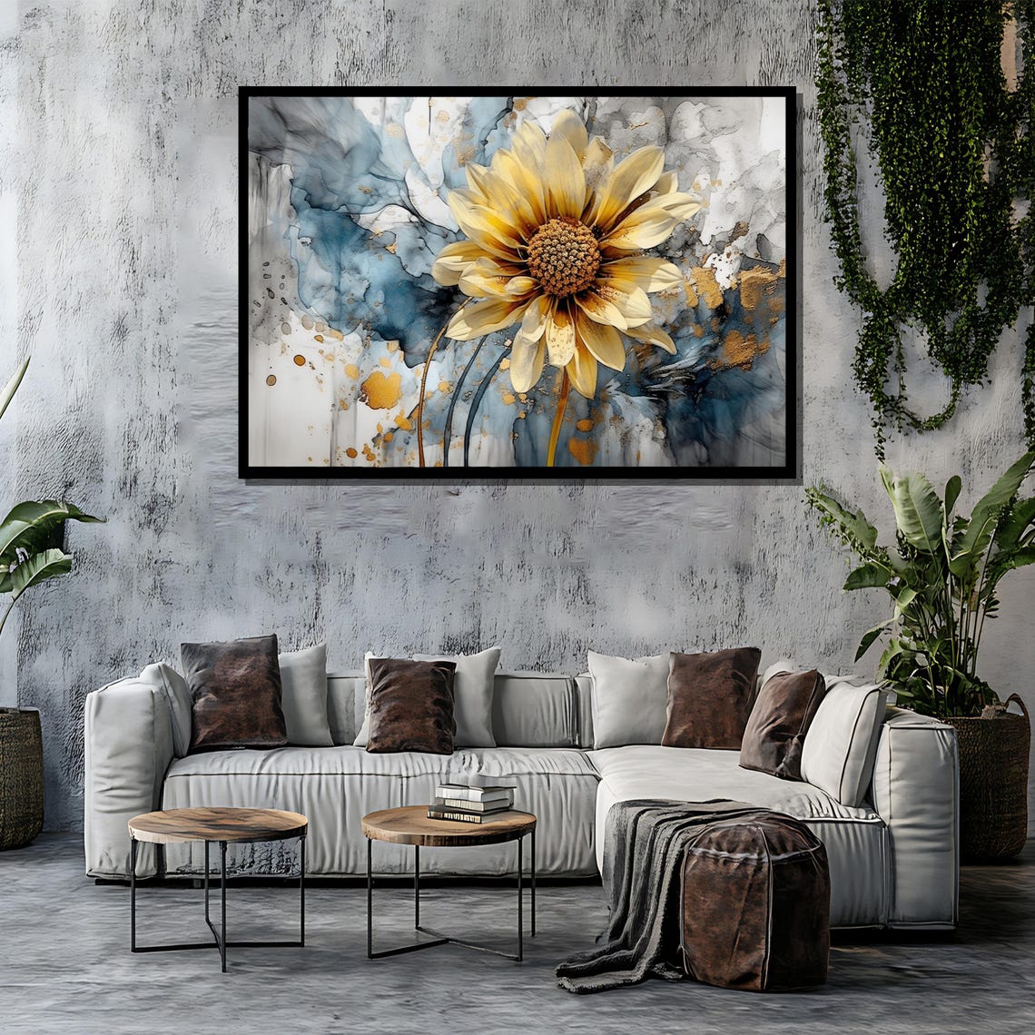 Watercolor Sunflower Bloom with Gold Accents on Abstract Blue Poster - Image 4