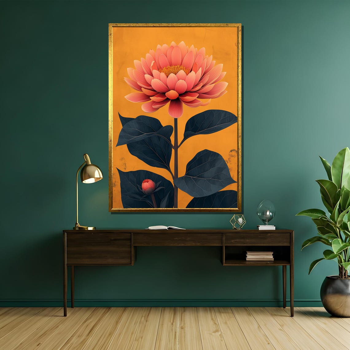 Coral Bloom with Dark Leaves on an Orange Botanical Art Poster - Image 5