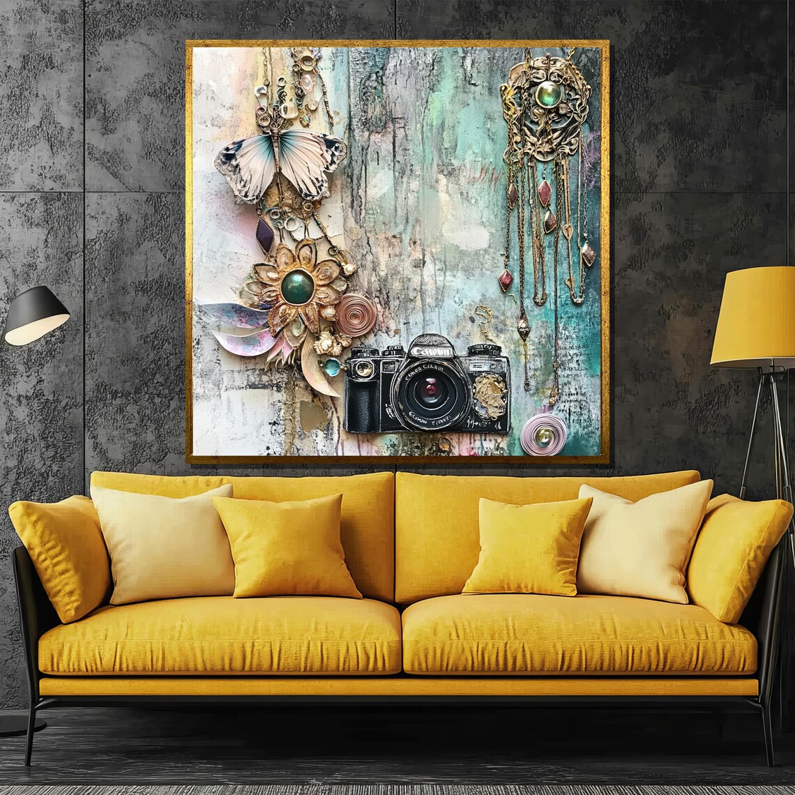 Vintage Camera Mixed Media Jewelry Butterfly Collage Art Poster