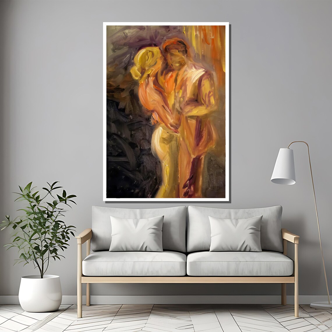 Abstract Couple In Warm Orange Embrace Glowing Painting Poster - Image 2
