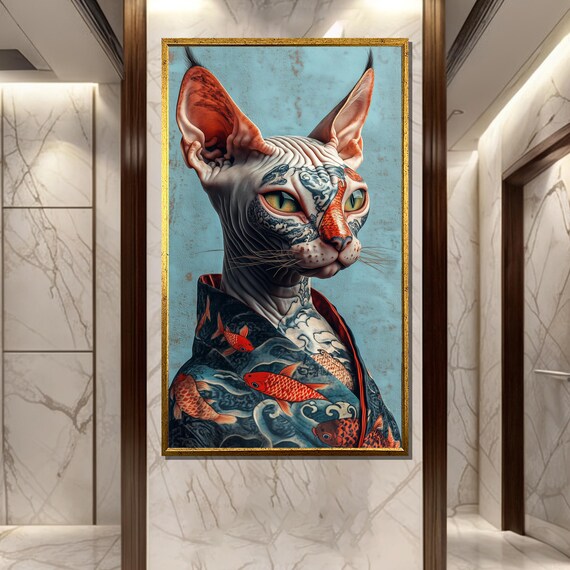 Inked Elegance Tattooed Sphynx Cat in Koi Fish Kimono Art Poster
