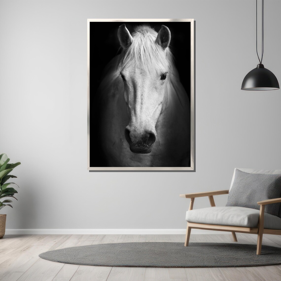 Serene White Horse Close Up Portrait In Black And White Poster - Image 3