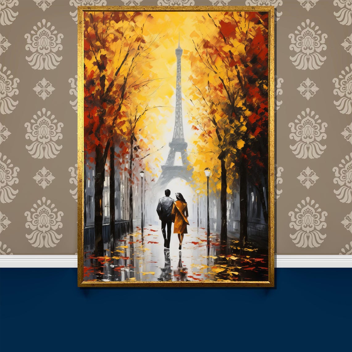 Paris Eiffel Tower Autumn Walk With Couple On Tree Lined Path Poster