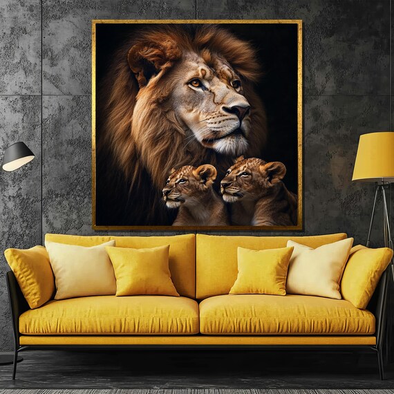 Majestic Lion with Two Cubs in Dark Wildlife Portrait Poster