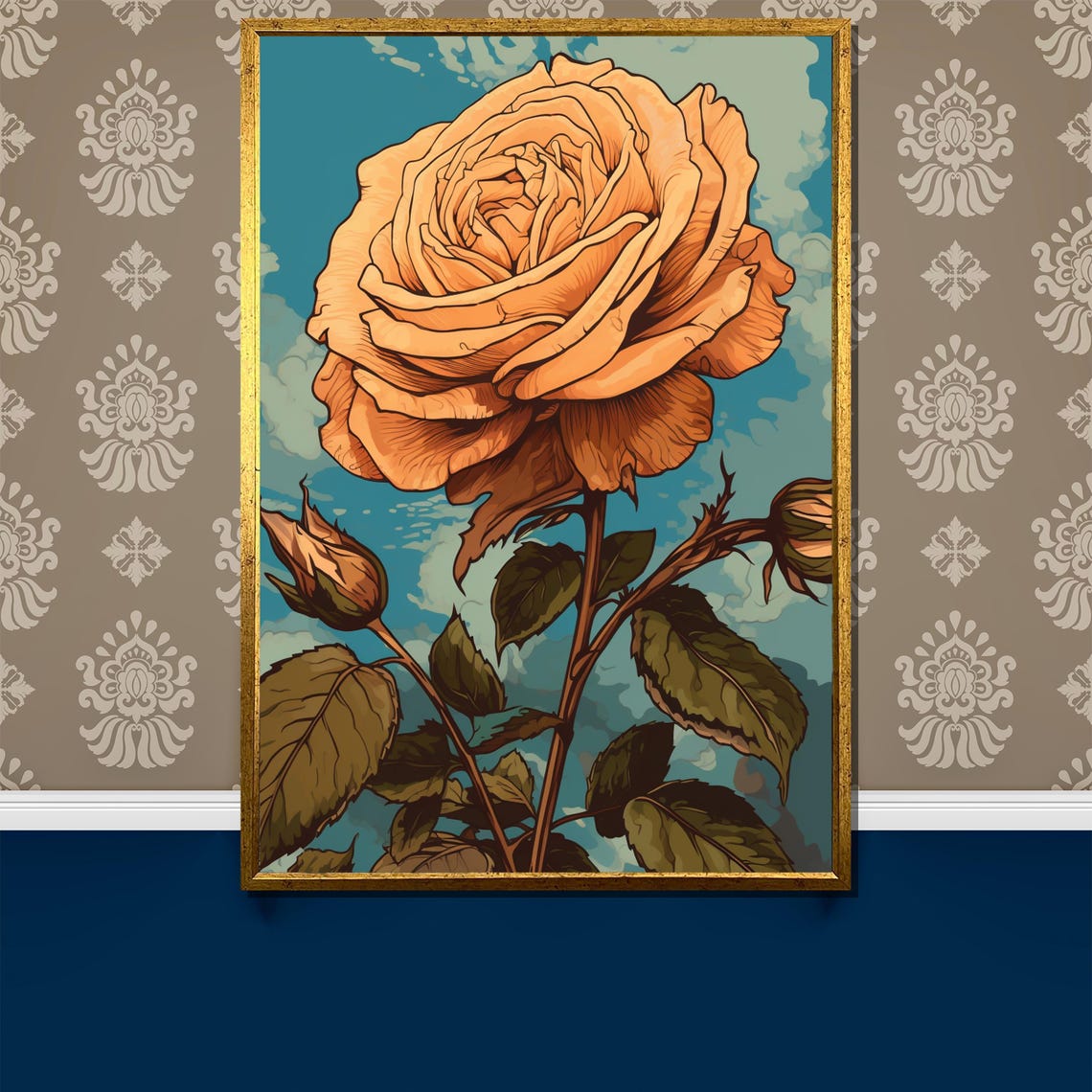 Vintage Orange Rose Illustration on a Teal Background Poster