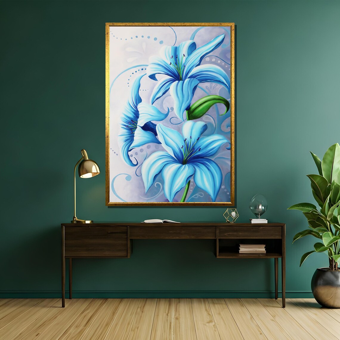 Elegant Blue Lily Stylized Floral Swirl Light Blue Art Poster - Image 5