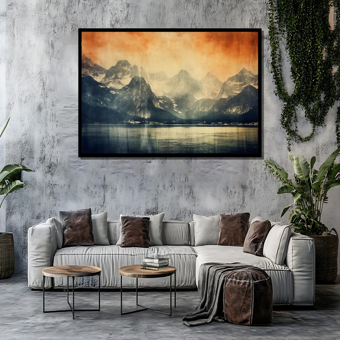 Vintage Sepia Mountain Lake With Rugged Peaks Retro Landscape Poster - Image 4