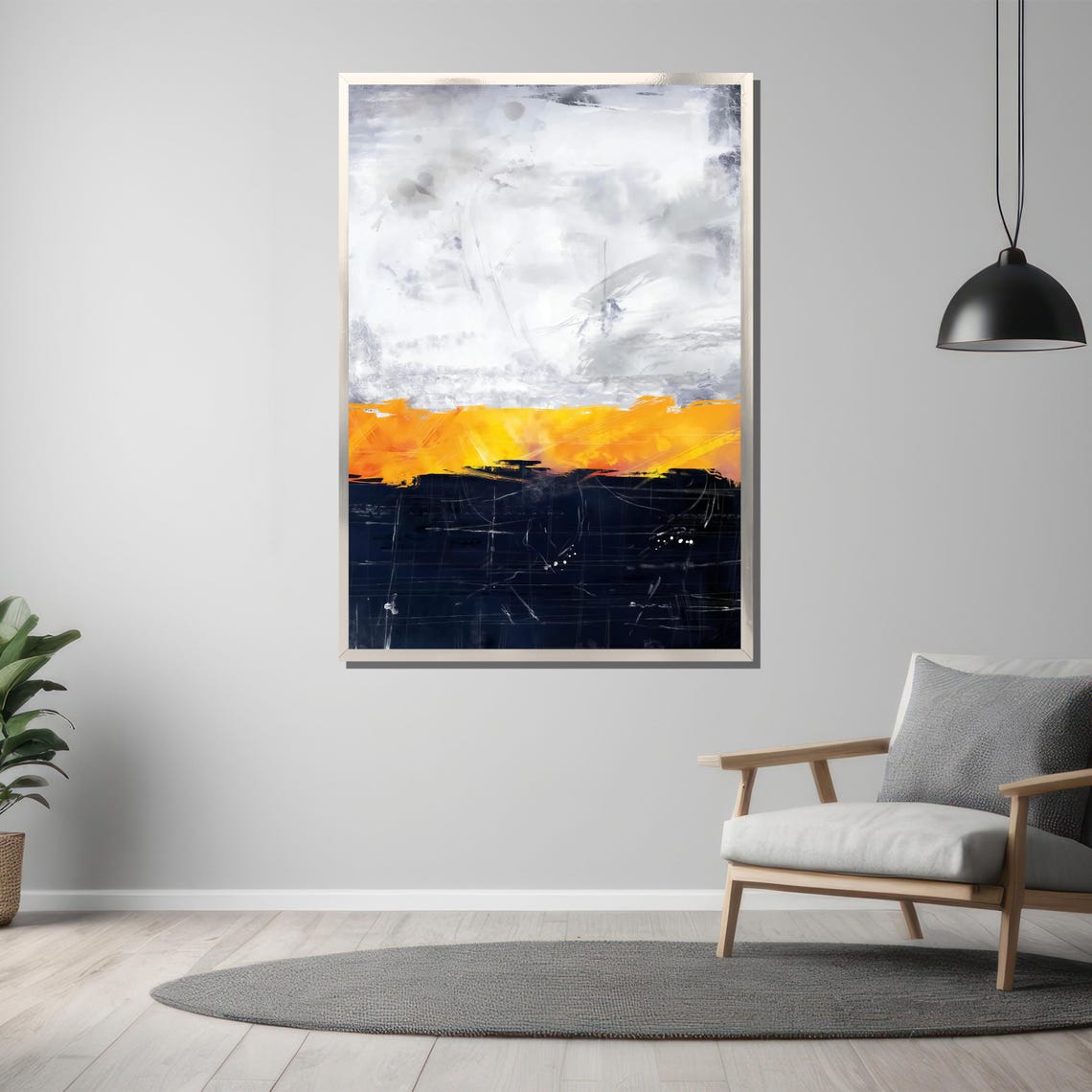 Modern Abstract Horizon Painting Captivating Blend Of Cloudy White Bold Yellow And Deep Blue Art Gift For Any Interior Decor - Image 3