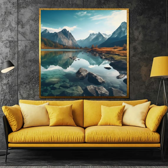 Peaceful Mountain Lake Painting Majestic Landscape Wall Art Gift For Nature Lovers Perfect For Tranquil Home Decor