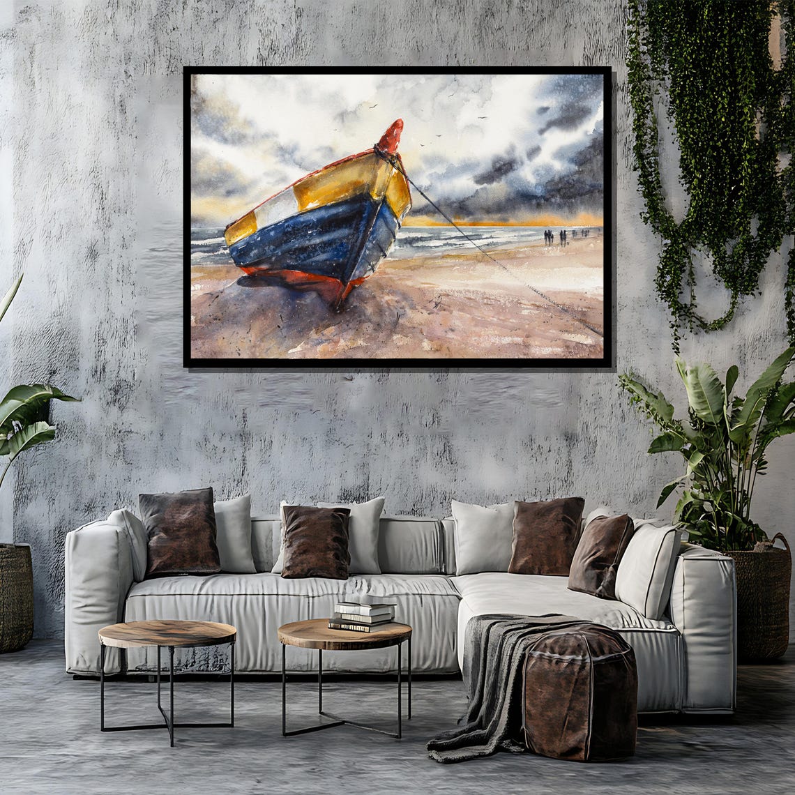 Weathered Fishing Boat Beached at Low Tide Coastal Watercolor Poster - Image 4