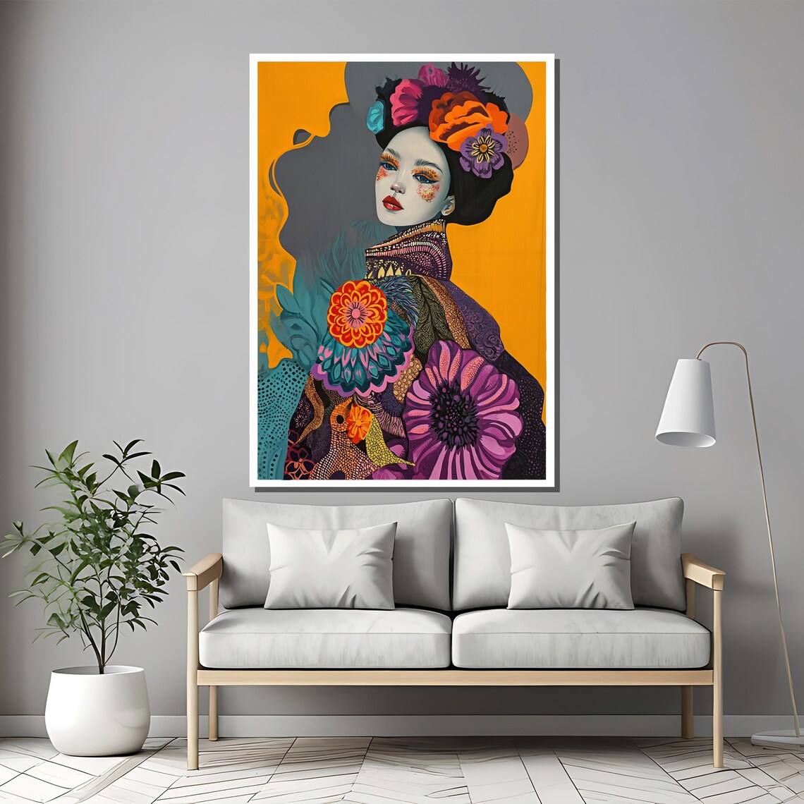 Colorful Floral Geisha Portrait On Bold Orange Pop Art Poster - Image 2