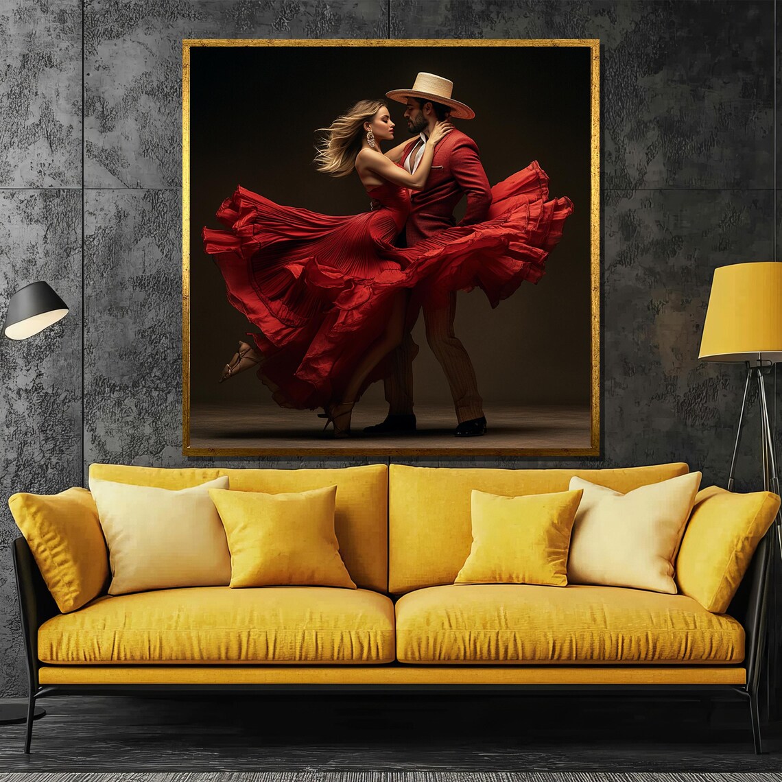 Passionate Spanish Dance Couple in Swirling Red Dress Art Poster