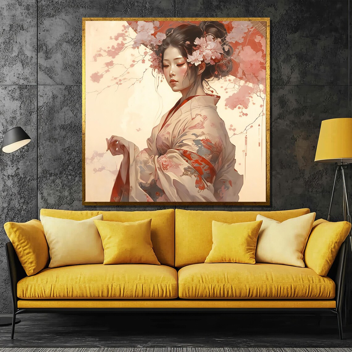 Elegant Geisha In Cherry Blossom Floral Kimono Japanese Art Poster